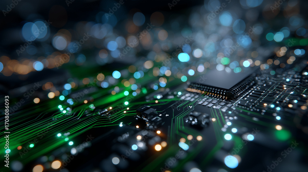 Poster circuit board brilliance: a high-tech microchip and circuitry design is brought to life with neon-li