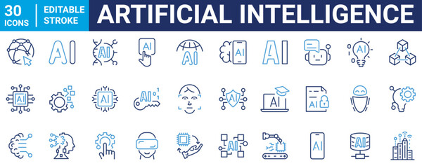 Artificial intelligence web icons in line style. AI technology icons for web and mobile app. Machine learning, digital AI technology, algorithm, smart robotic and cloud computing network