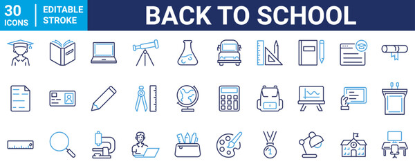 Back to school. Education and e learning. School, university, success, academic, textbook. Vector illustration. Outline icon. Editable stroke.