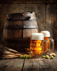 Beer. Still life with Vintage beer barrel and glass light beer. Fresh amber beer concept. Green hop and gold barley on wooden table. Ingredients for brewery. Brewing traditions. MZ 