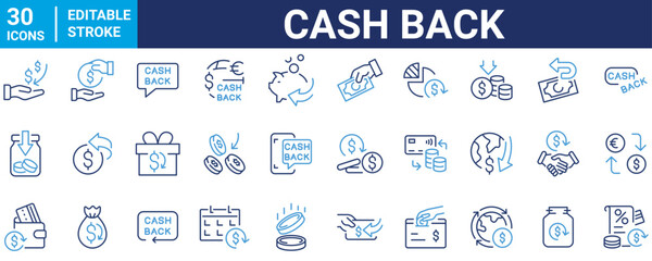 Cash Back Web Icon Set in Line Style. Collection of Money Movement Linear Icons, Including return money, cashback, profit, payment, income, money, refund, gain, profit and More. Editable Stroke.