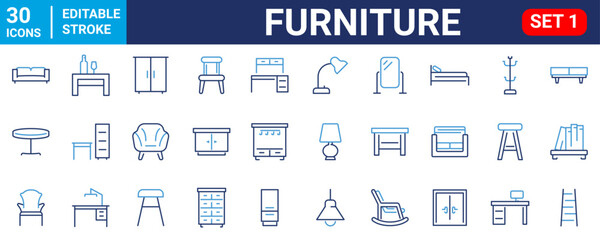 Home furniture icons collection, desk, bathroom, bathtub, ceiling lamp, chair, sink, tv table, curtain, drawer, sofa, house door, mirror, cupboard, cabinet. editable stroke.