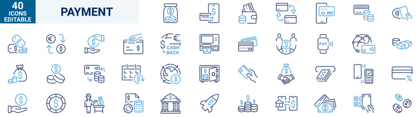 Bank and payment web line icons collection. cash, saving, financial goal, profit. Editable stroke. Vector illustration