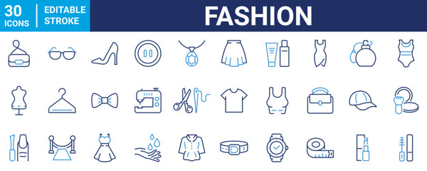 Fashion web line icons. textile industry. Collection of Clothing Linear Icons, Including accessories, clothes, sewing, dress, shoes, beauty, tailor, fabric, dress, shirt.