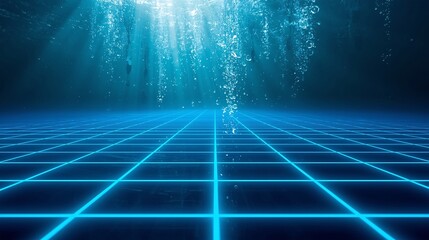 Underwater Neon Grid with Rising Air Bubbles
