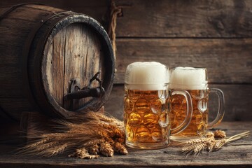 Beer. Still life with Vintage beer barrel and glass light beer. Fresh amber beer concept. Green hop and gold barley on wooden table. Ingredients for brewery. Brewing traditions. MZ 