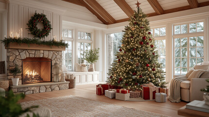 Cozy Holiday Interior: A beautifully decorated Christmas tree takes center stage in a warm, inviting living room, adorned with festive decorations, a crackling fireplace.