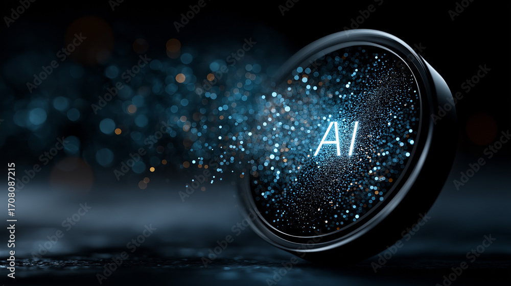 Poster ai revelation: a futuristic digital token pulsates with glowing ai inscription. the image evokes the