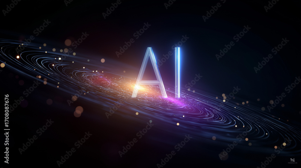 Poster artificial intelligence cosmos: an emblem of ai shines amidst a galaxy backdrop, suggesting the boun