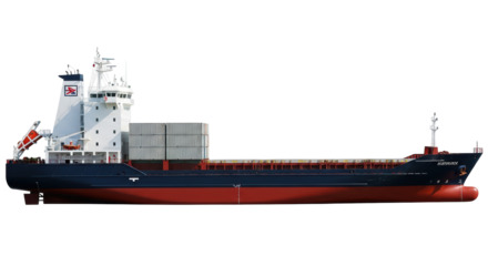 Isolated General Cargo Ship sailing transporting containers, bulk goods, packaged goods