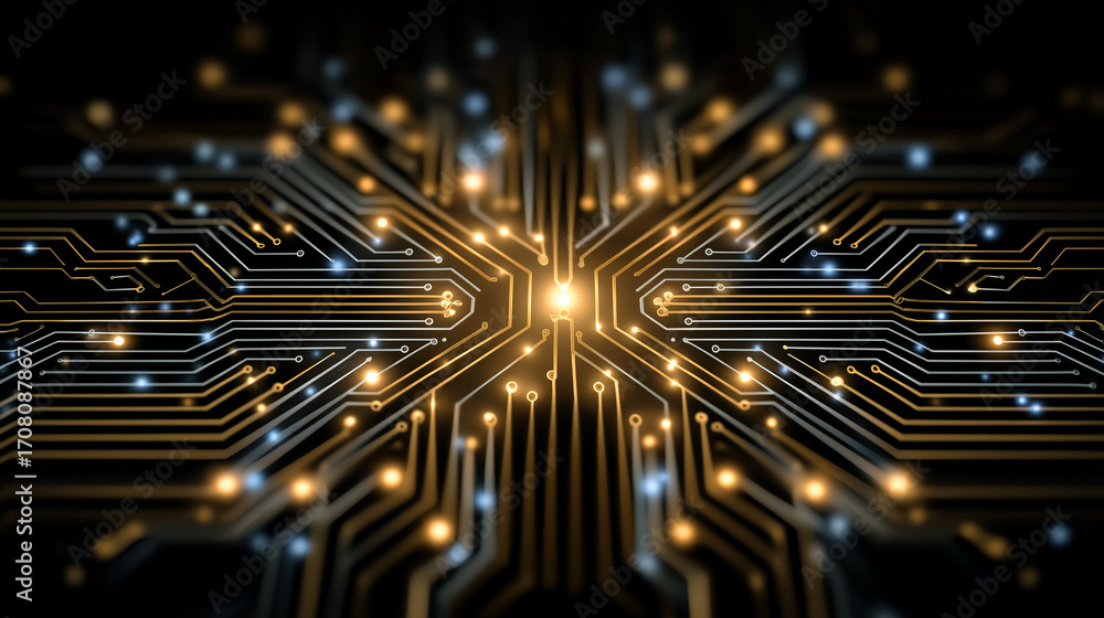 Poster glowing circuit board: an intricate network of glowing lines and nodes come alive, representing the 