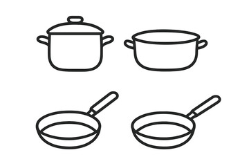 Simple line icons of cooking pans and frying pans for kitchen tools and cookware concepts, vector cartoon illustration set, transparent background, kitchen utensils collection