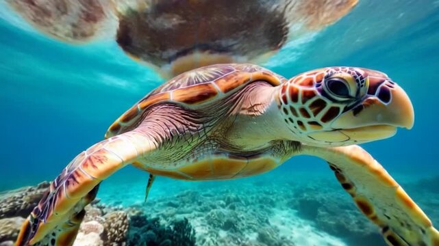 A turtle swims in the ocean with its head above the water, great for use in illustrations about marine life, conservation, or nature