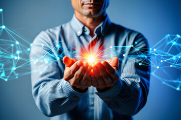Man holding bright energy with glowing network connections hands light