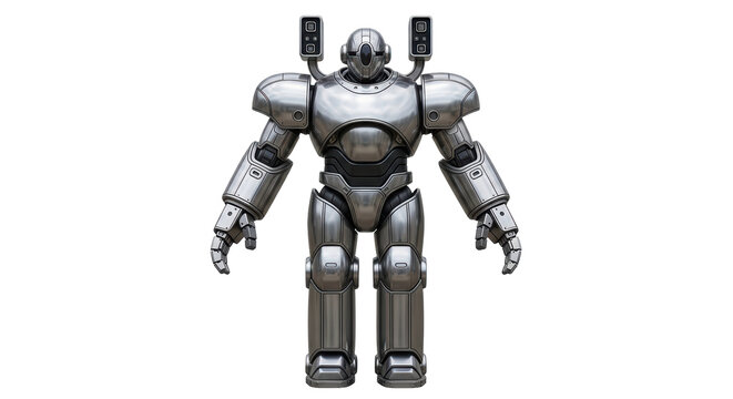 Isolated humanoid robot posing for portrait, futuristic android in detailed metal armor suit