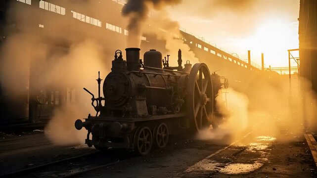 Vintage steam locomotive chugging through sunset mist