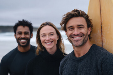 Diverse group of friends smiling warmly on a beach with a surfboard. Evokes friendship, togetherness, outdoor lifestyle, and positive emotions. Great for travel, wellness, and community campaigns.