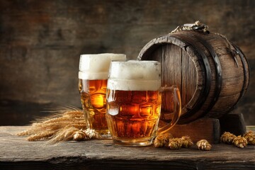 Beer. Still life with Vintage beer barrel and glass light beer. Fresh amber beer concept. Green hop and gold barley on wooden table. Ingredients for brewery. Brewing traditions. MZ 