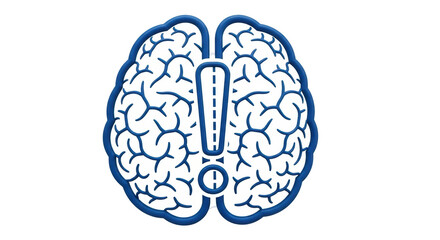 Isolated blue brain with exclamation point, medical or educational concept, problem solving