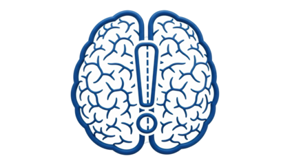 Isolated blue brain with exclamation point, medical or educational concept, problem solving