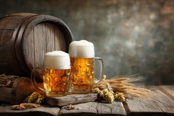 Beer. Still life with Vintage beer barrel and glass light beer. Fresh amber beer concept. Green hop and gold barley on wooden table. Ingredients for brewery. Brewing traditions. MZ 