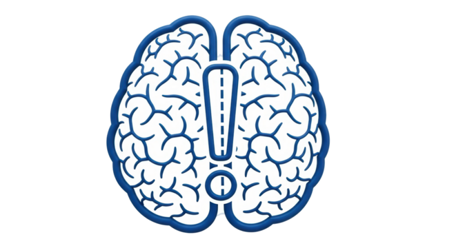 Isolated blue brain with exclamation point, medical or educational concept, problem solving