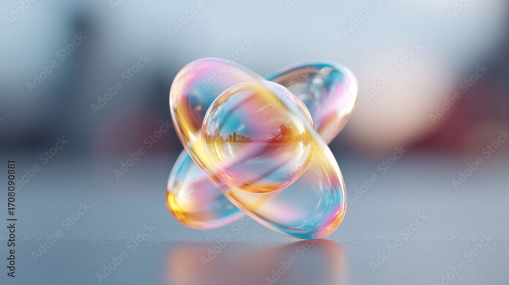 Poster abstract, iridescent form in dynamic equilibrium. soft focus, surreal design element. captures light