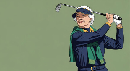 Older woman golf playing shows elderly lady golfer swinging golf club, focused on sport. Older woman golf playing requires physical activity outdoors for mature adults.