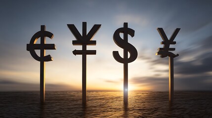 A collection of active currency signs, including the Euro, Yen, Dollar, and Yen, set against a dramatic sunset backdrop.