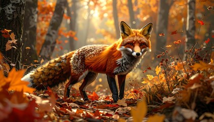 A vibrant red fox, adorned with a speckled coat, stands amidst a carpet of autumn leaves in a sunlit forest.