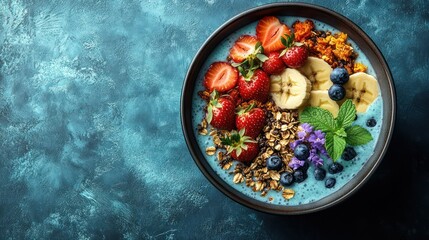 Vibrant smoothie bowl with fresh strawberries, blueberries, banana, granola, and mint.