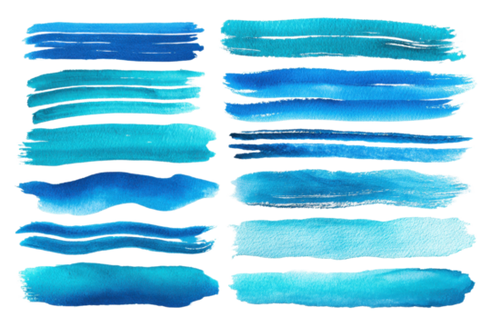 Blue watercolor paint brush stroke line white PNG set bundle, isolated background. Creative brushes pattern art shape design