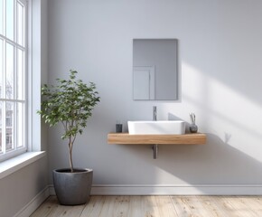 Fototapeta premium A modern bathroom vanity with a floating wooden countertop, a sleek white sink, and a stylish mirror, bathed in natural light, creates a serene and airy ambiance.