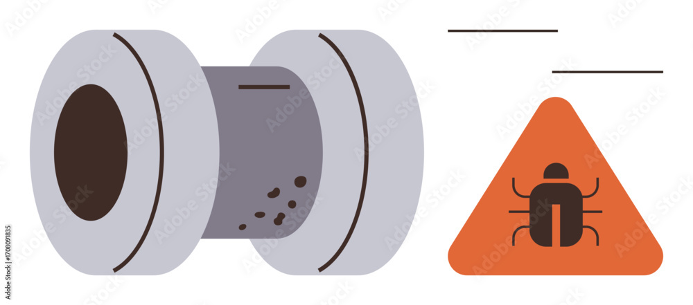 Poster corroded pipe segment with visible pitting and orange triangle warning sign featuring pest alert. id