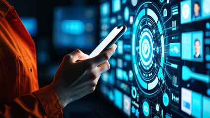 Person holding smartphone interacting with digital interface hand