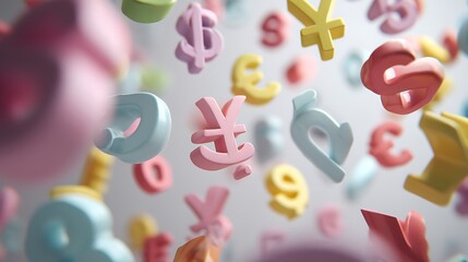 A dynamic composition of floating currency symbols in vibrant colors, showcasing the diversity and importance of different currencies.