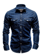 A dark blue denim shirt with long sleeves and white buttons is displayed on a black background
