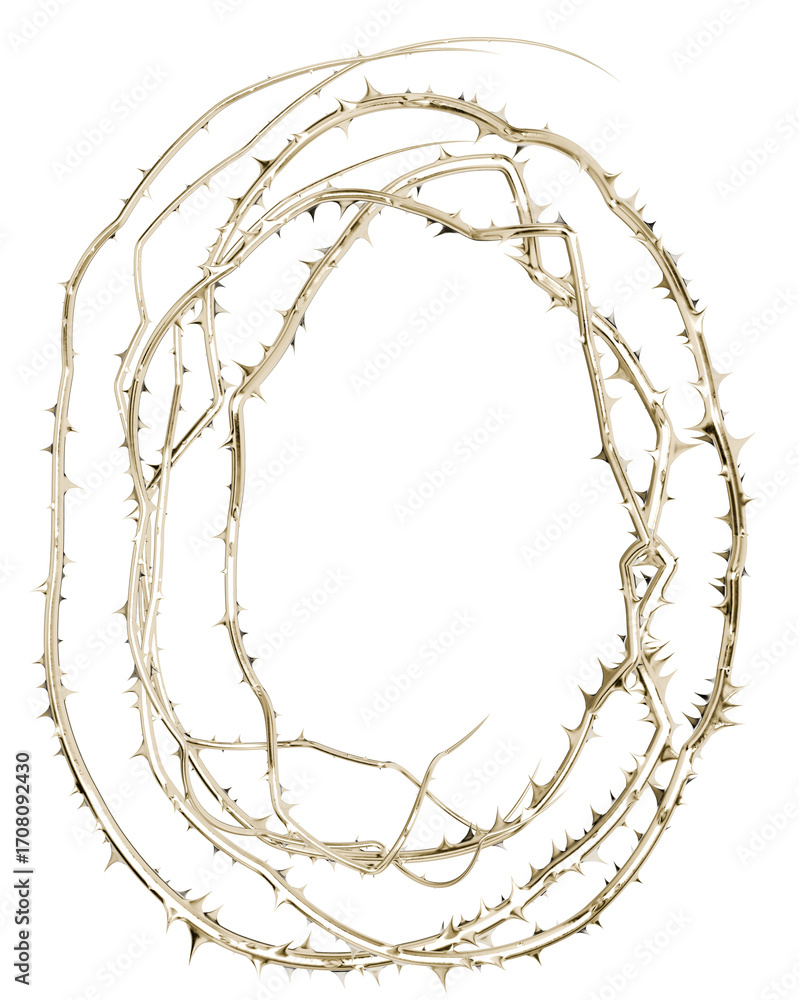 Poster a 3d render of a luxurious, abstract golden thorn frame. its tangled vines and sharp spikes create a