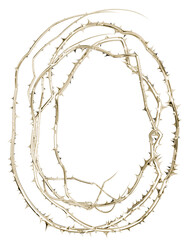 A 3D render of a luxurious, abstract golden thorn frame. Its tangled vines and sharp spikes create a chilling graphic ideal for Halloween invitations.