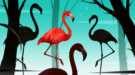Obraz premium Flamingo flower silhouette, bright red flowers, simple background