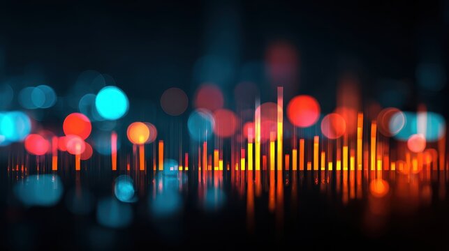 Abstract digital sound wave equalizer bars with bokeh lights and reflections on dark background