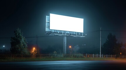 A solitary billboard stands empty at night, illuminated by a single light source, casting a soft glow over the surrounding area.