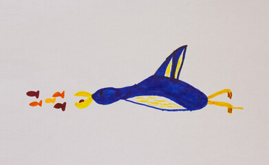 Penguin catching fish drawing by child using felt tip pens