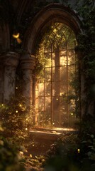 Obraz premium Sunlit gothic window in a ruined cloister, overgrown with ivy and moss. Golden beams and drifting motes create a serene, enchanted atmosphere amid ancient stone.