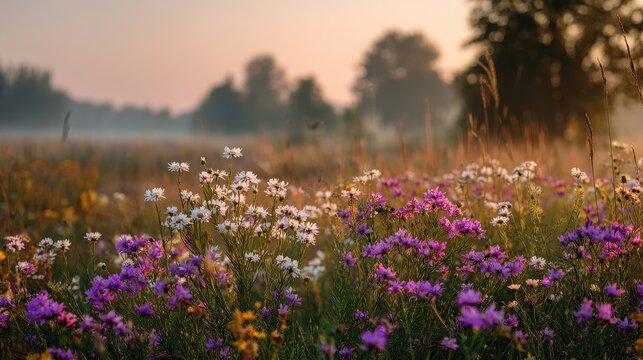 Closeup of a meadow filled with vibrant purple and white wildflowers at sunrise with soft morning light - Powered by Adobe