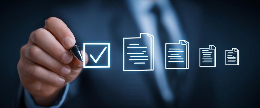 A person marks a check on a digital checklist indicating progress in a business task showcasing focus and dedication