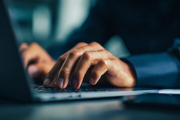 A person is intently typing on a laptop showcasing dedication and concentration in a professional setting