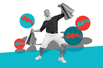 Composite trend artwork collage of shopping black friday sale banner percent cloud aged man beard fashion buyer pose hold store bags order