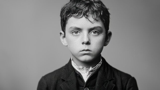 A black-and-white portrait of a Victorian orphan boy with a somber expression.
