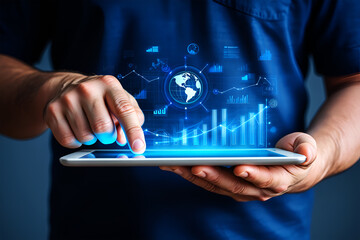 Person interacting with glowing digital global financial data hand tablet